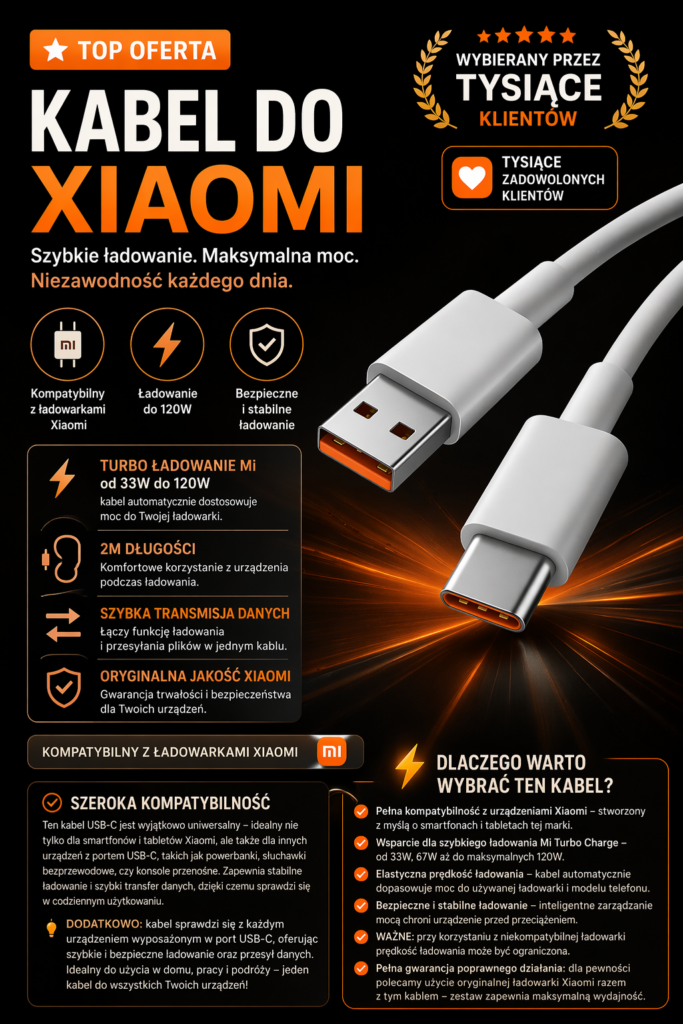 Kabel do Xiaomi USB C 33W 67W 120W 2m Oryginalny Mi Turbo Charge